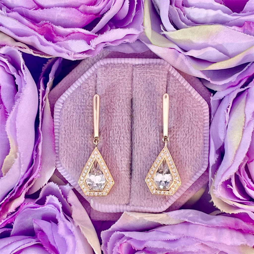 14K Yellow Gold White Quartz and Diamond Earrings