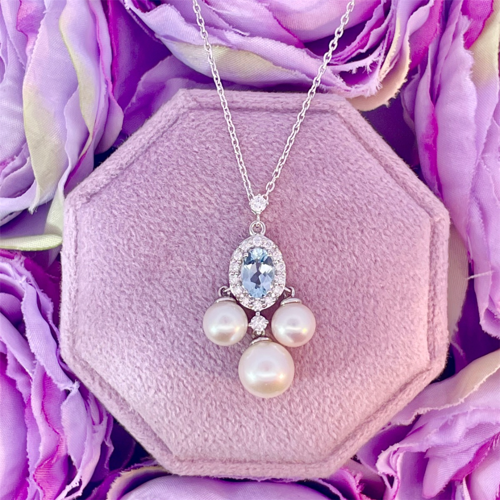 14K White Gold Freshwater Pearl Pendant with Oval Aquamarine Center and Accent Diamonds