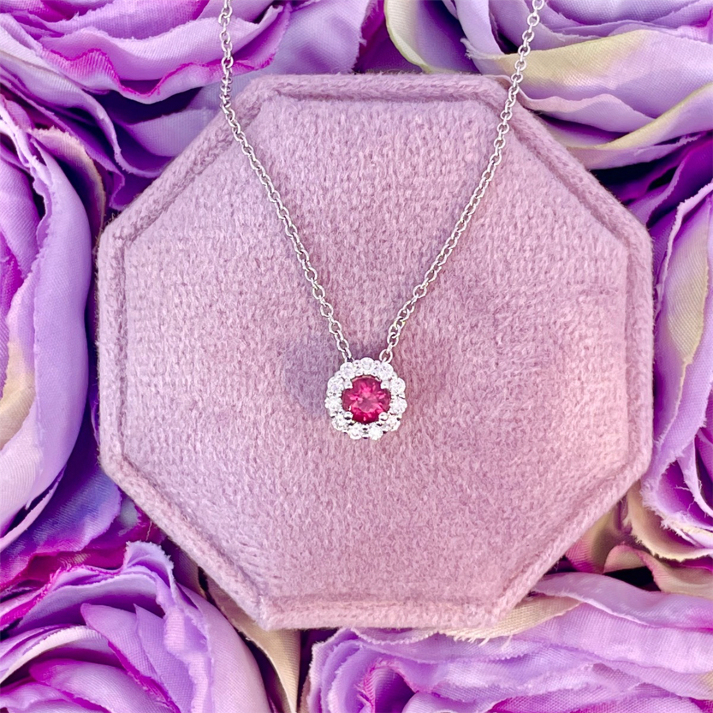 14K White Gold Ruby and Diamond Halo Pendant