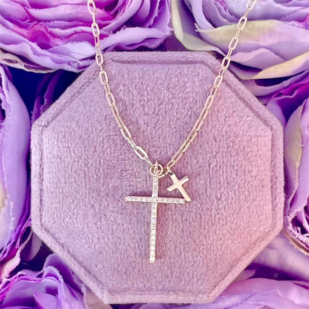 14K Yellow Gold Two Cross Pendant Necklace