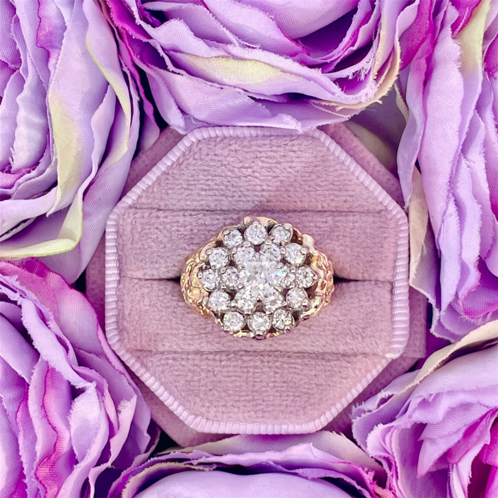 Estate- 14k yellow gold brutalist bombay diamond cluster ring.