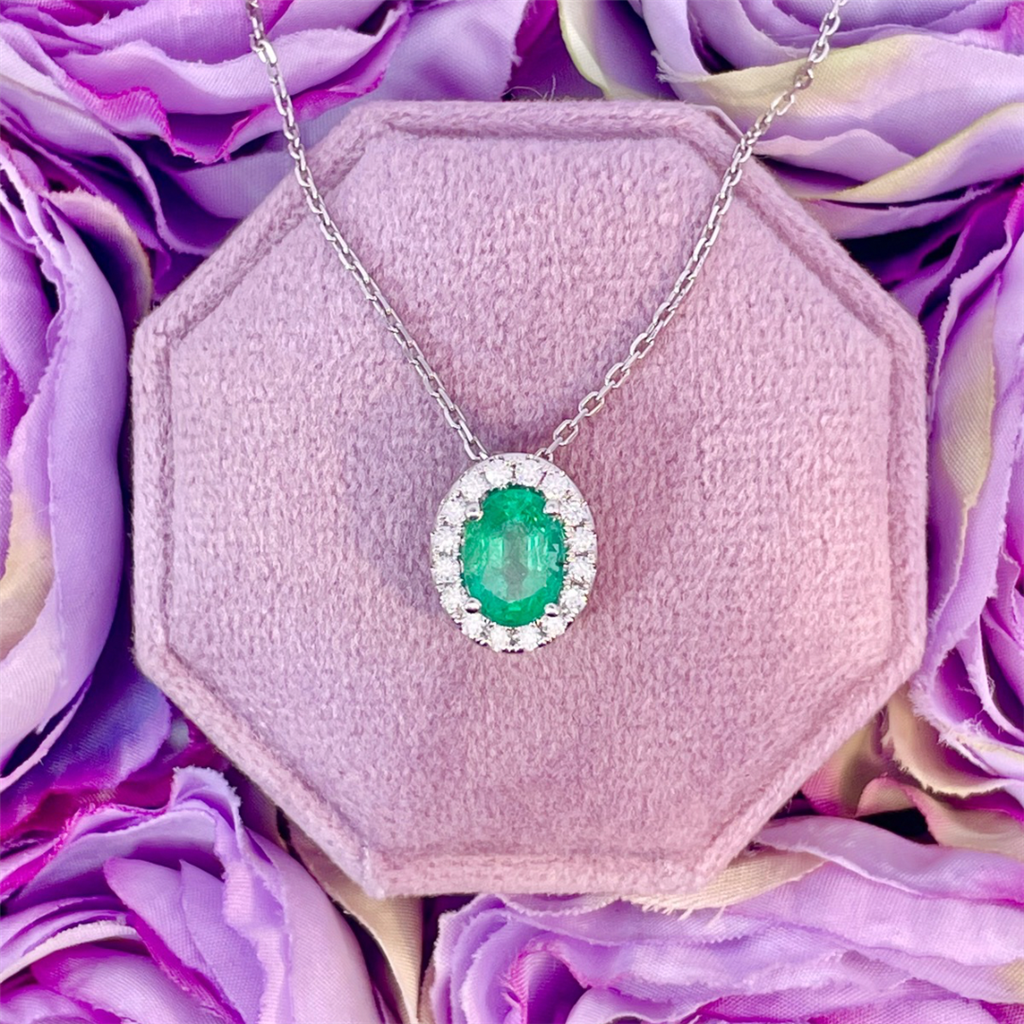 14K White Gold, Emerald and Diamond Pendant