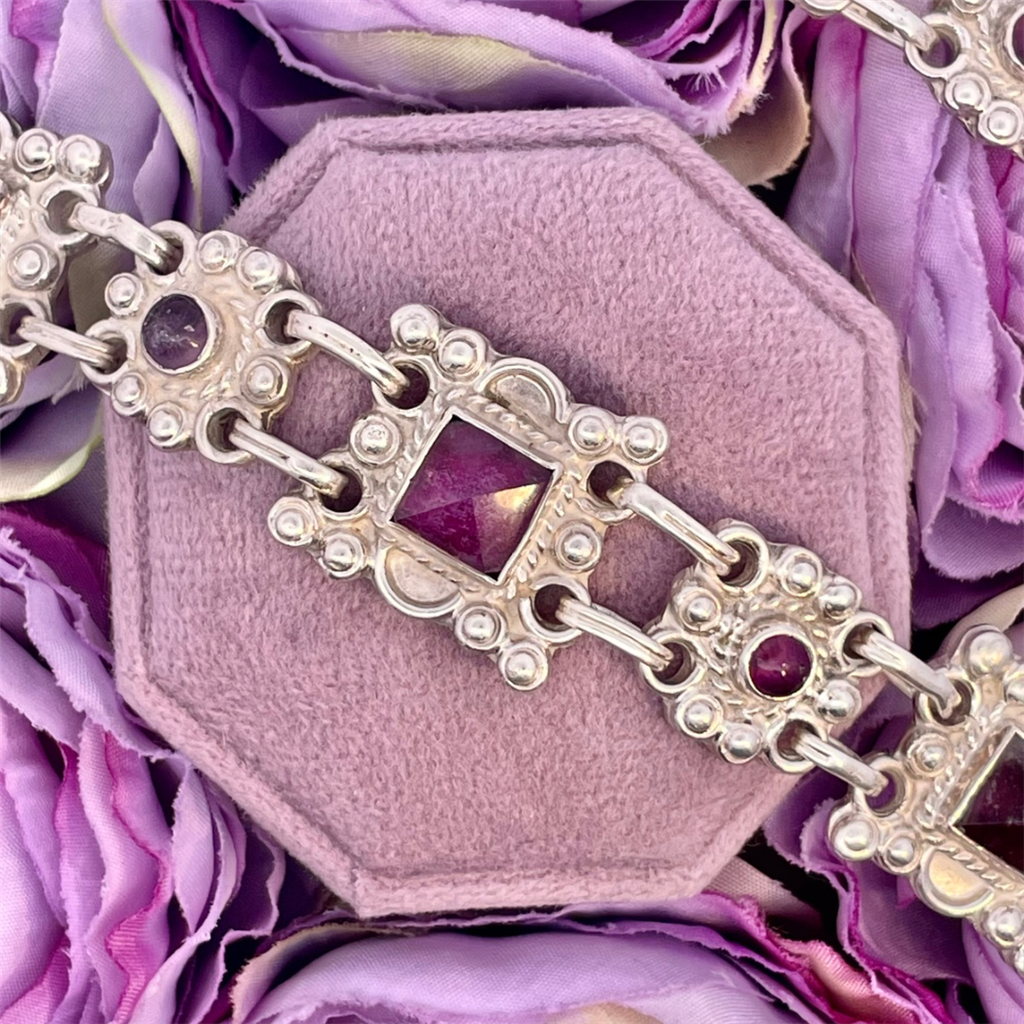 Estate-Ornate Sterling Silver and Amethyst Bracelet