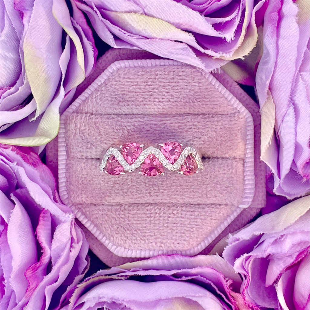 14K White Gold Ring with Pink Tourmaline Trillians and Round Accent Diamonds