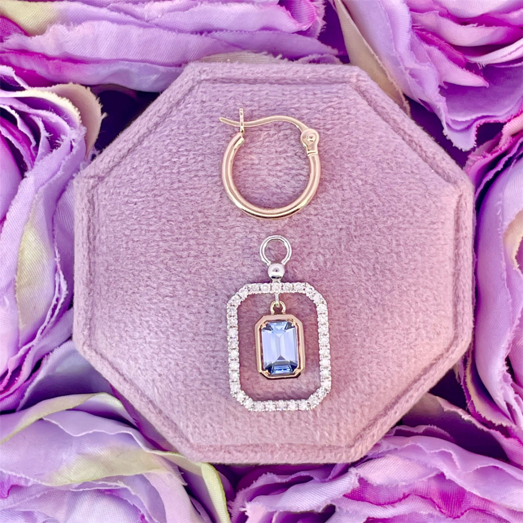 14K Two Tone Gold Earrings With Blue Sapphires and Diamonds