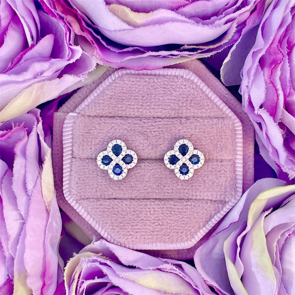 14K White Gold Blue Sapphire and Diamond Stud Earrings