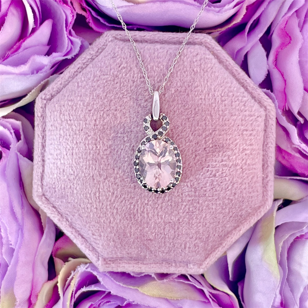 14K White Gold Rose Quartz and Irradiated Black Diamond Pendant