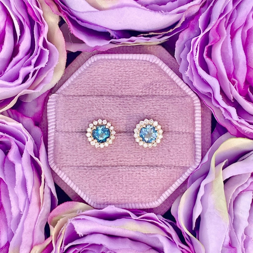 14K Yellow Gold, London Blue Topaz and Diamond Earrings