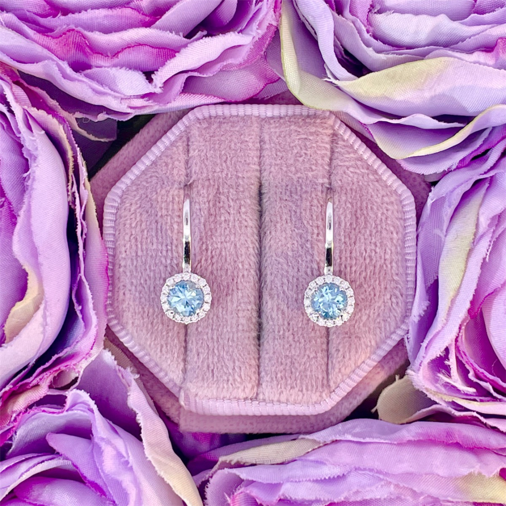 14K White Gold Aquamarine and Diamond Halo Earrings