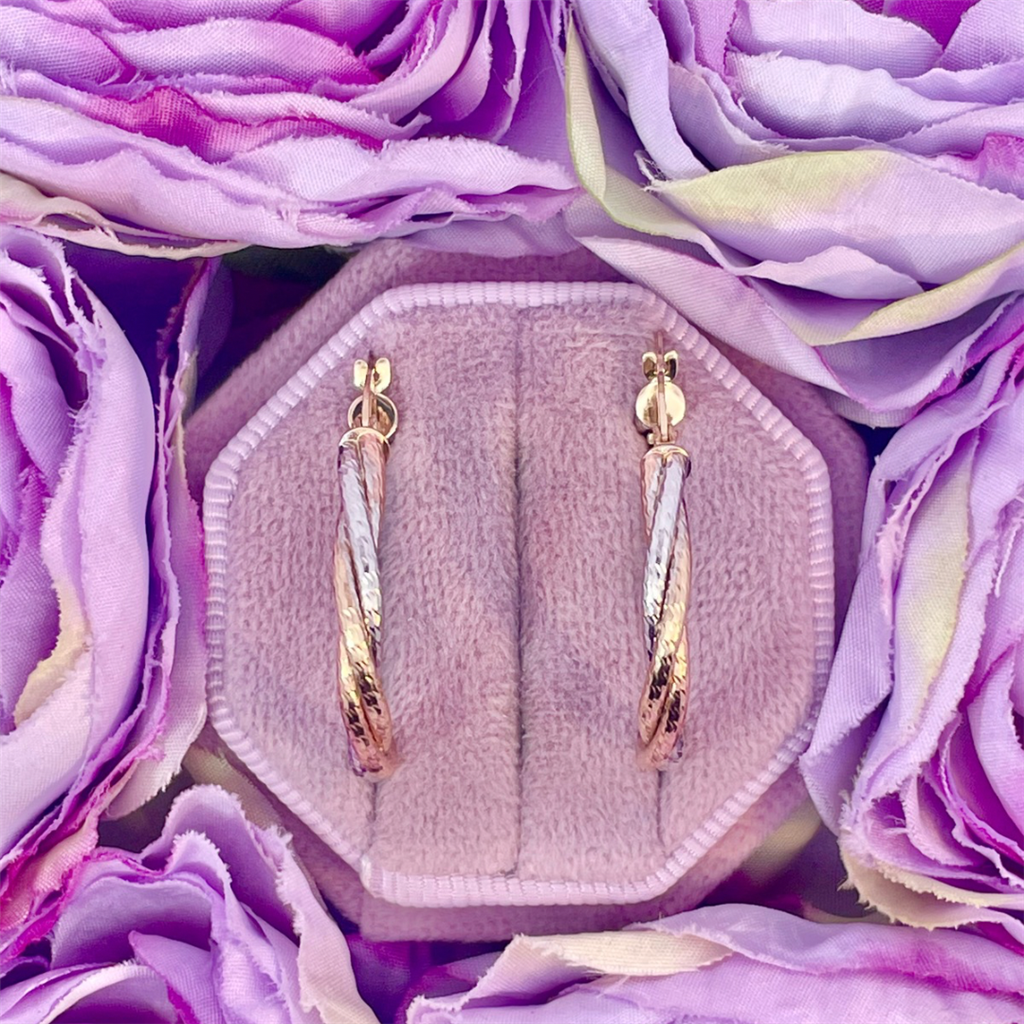 14K Tri-Color Diamond Cut Twisted Hoops