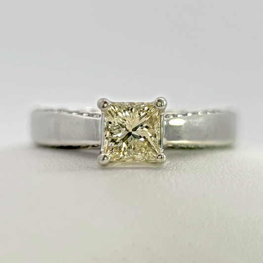 Estate - 14K White Gold Princess Cut Diamond Engagement Ring with Diamond Accents