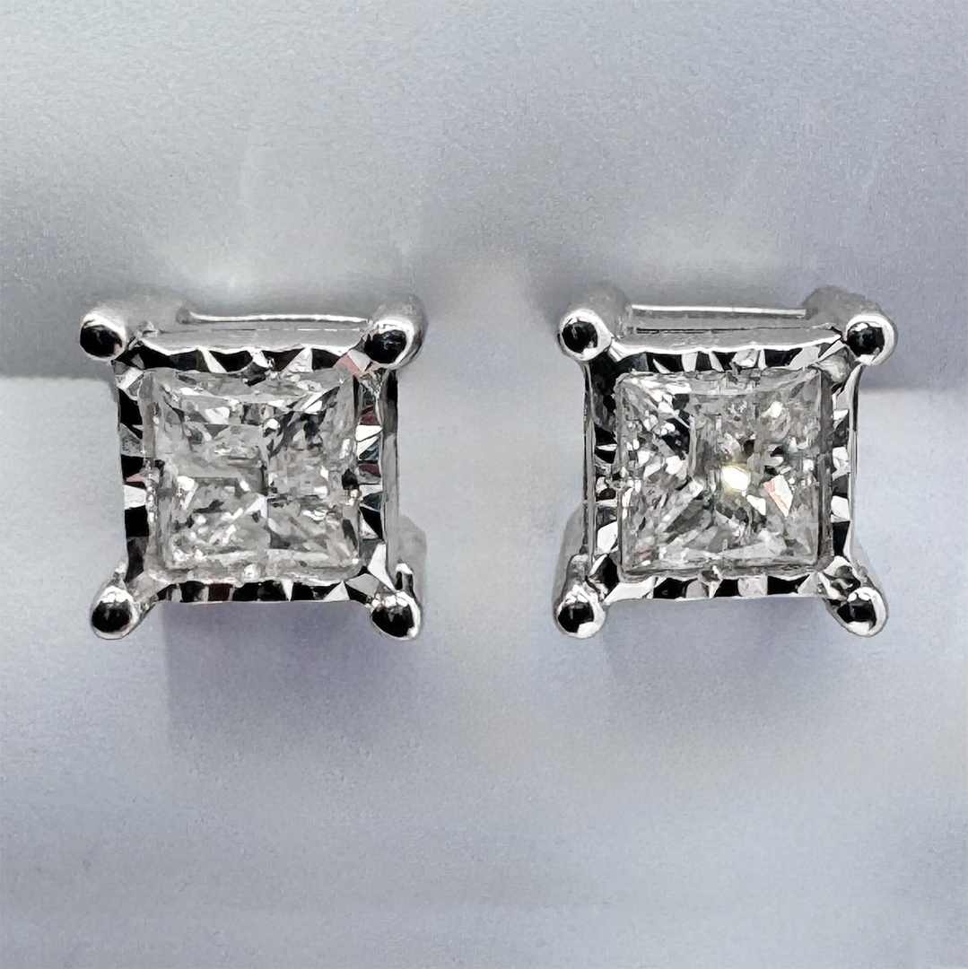 10K White Gold Princess Cut Diamond Illusion Stud Earrings