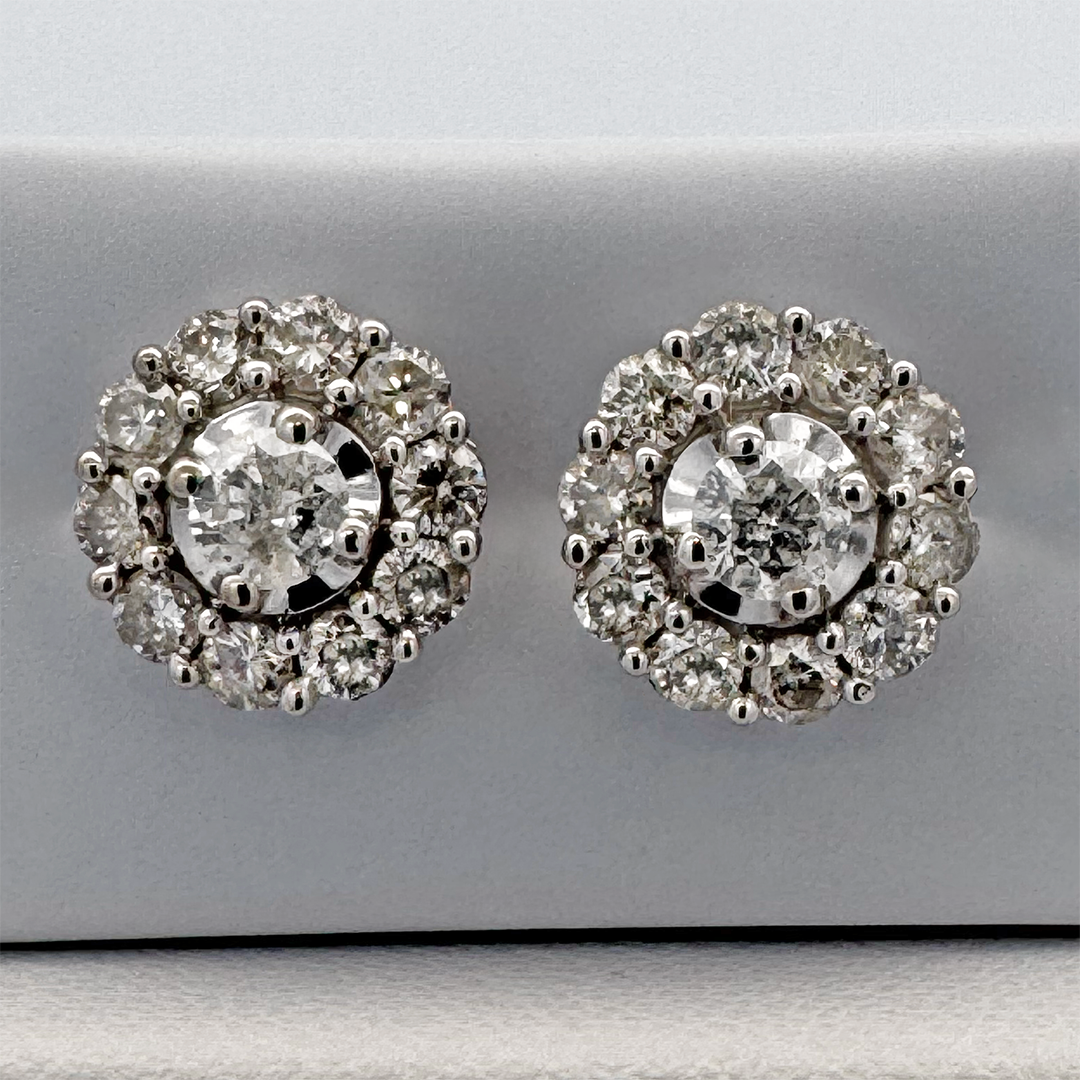 10K White Gold Diamond Round Cluster Stud Earrings