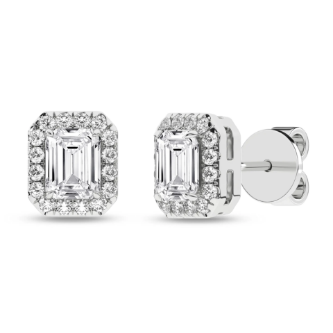 Revelation Lab Created Diamond Emerald Cut Halo Stud Earrings