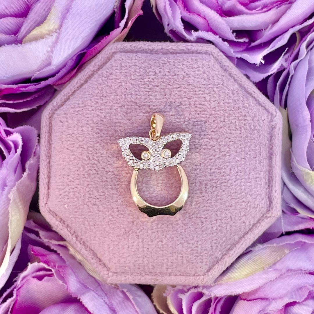 Estate- 10K Yellow Gold Diamond Owl Pendant