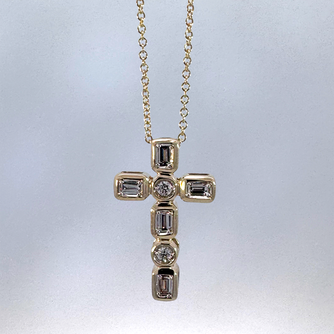 14K Yellow Gold Diamond Cross Pendant on a 14K Yellow Gold Cable Chain
