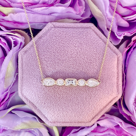 14K Yellow Gold Mixed Cut Diamond Bar Necklace
