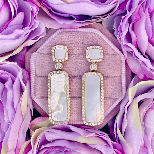 14K Yellow Gold Mother of Pearl and Diamond Earrings