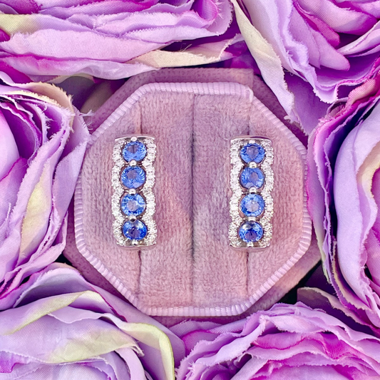 14K White Gold Blue Sapphire and Diamond Hoop Earrings