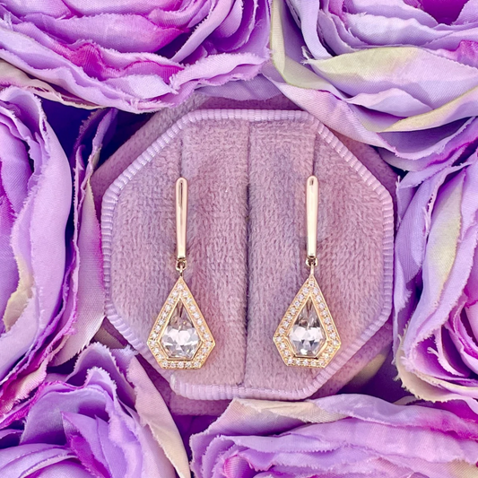 14K Yellow Gold White Quartz and Diamond Earrings