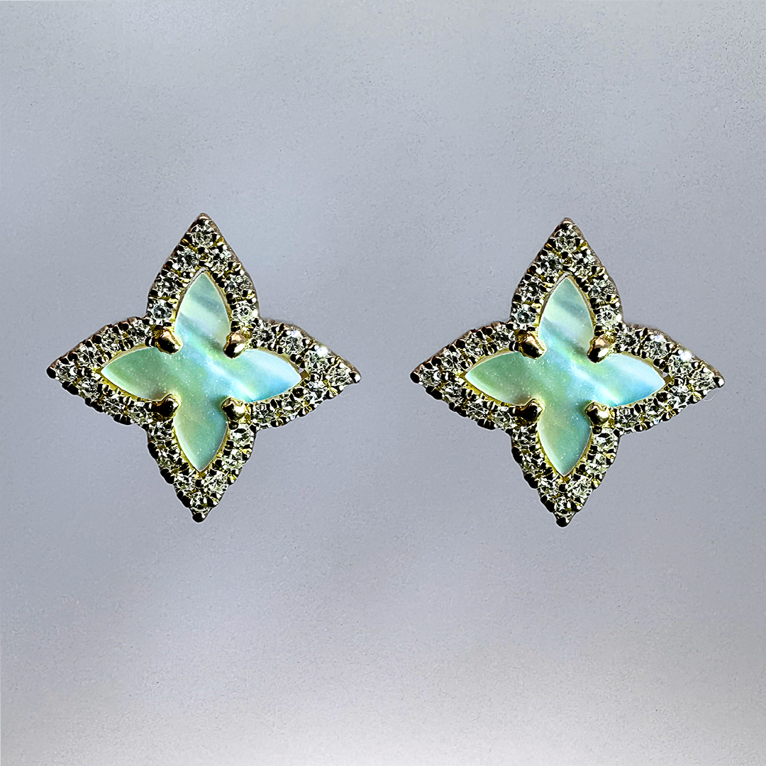 14K Yellow Gold Mother of Pearl and Diamond Stud Earrings