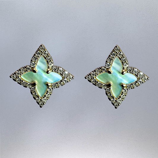 14K Yellow Gold Mother of Pearl and Diamond Stud Earrings