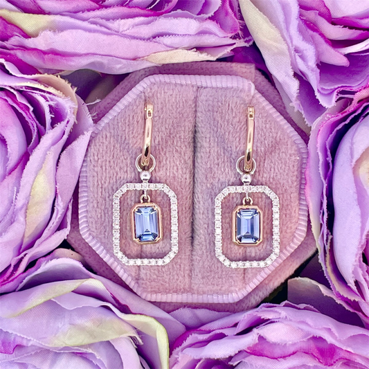 14K Two Tone Gold Earrings With Blue Sapphires and Diamonds