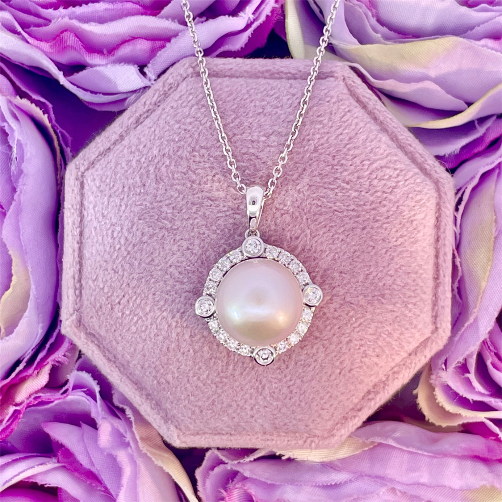 White Gold Fresh Water Pearl and Diamond Necklace