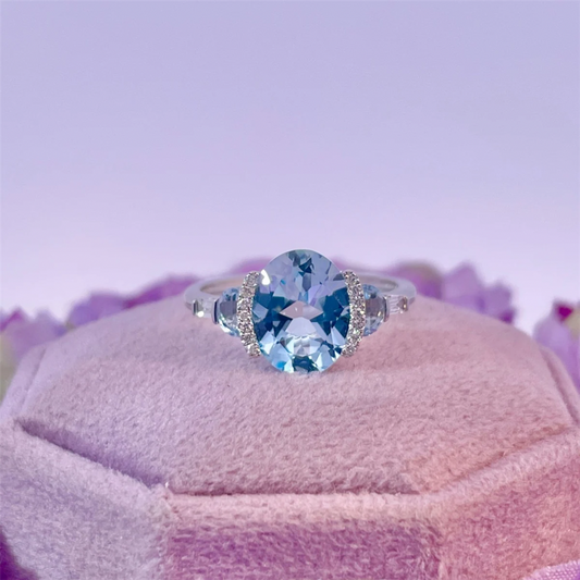 14K White Gold Blue Topaz and Diamond Ring