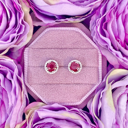 14K White Gold Ruby and Diamond Halo Earrings