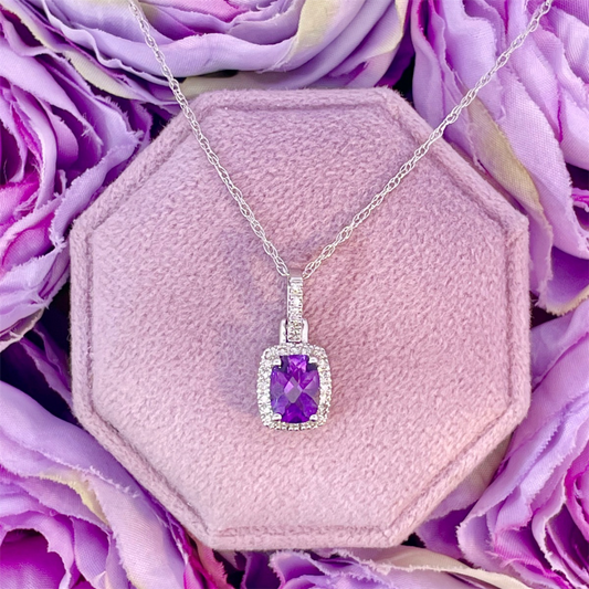 14K White Gold Amethyst and Diamond Pendant