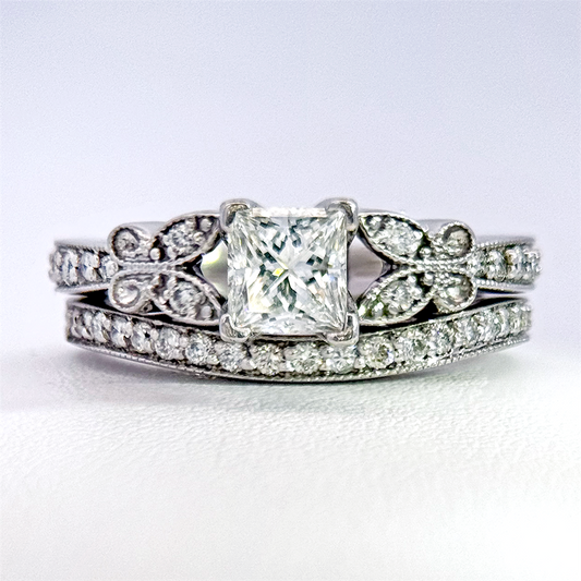Estate - 14K White Gold Princess Cut Diamond Wedding Set with Butterfly Accents