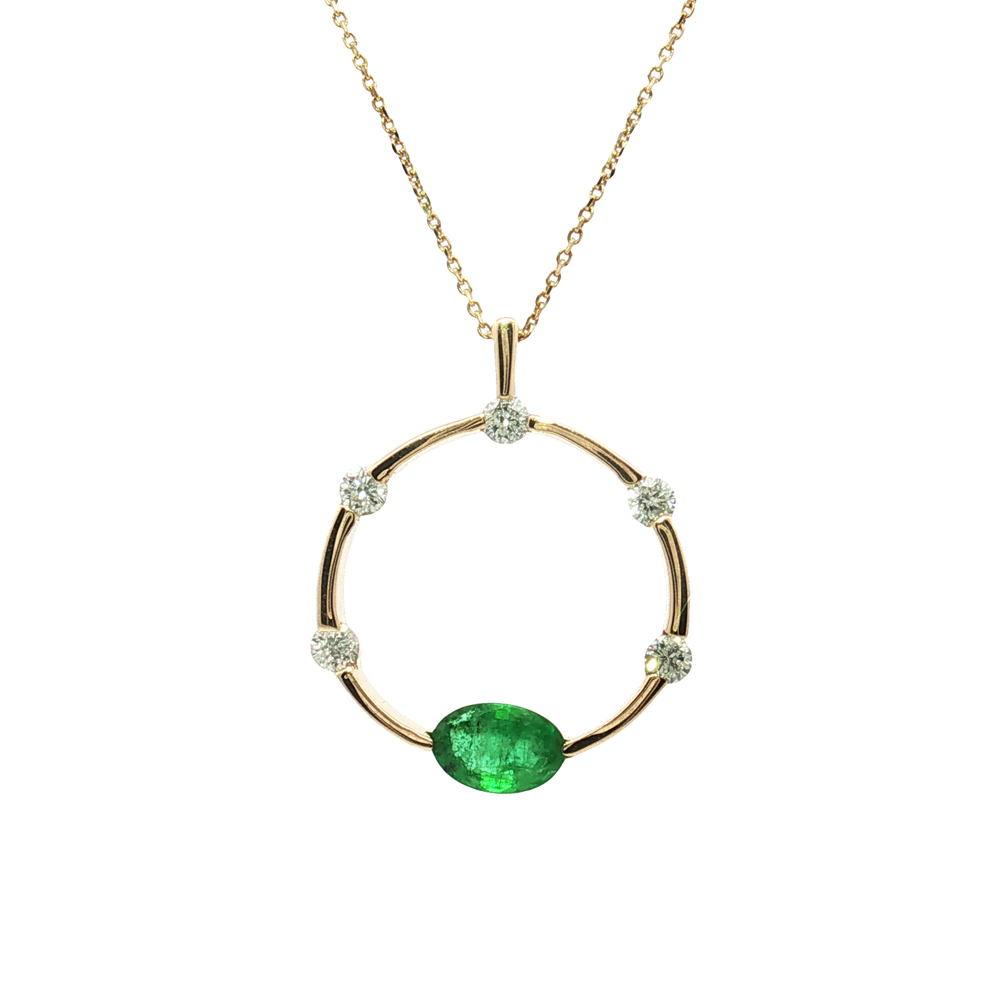 14K Yellow Gold Emerald and Diamond Circle Pendant Necklace