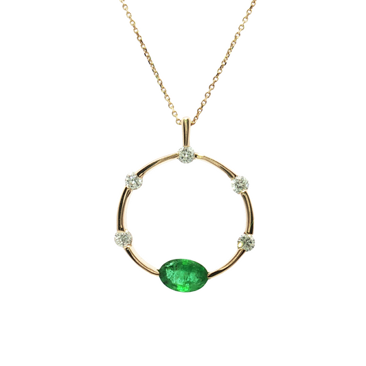 14K Yellow Gold Emerald and Diamond Circle Pendant Necklace
