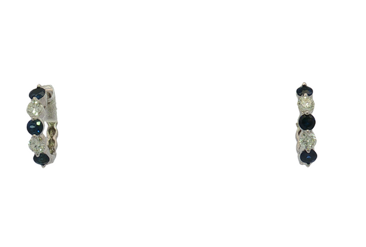 14K White Gold Sapphire and Diamond Small Hoop Earrings