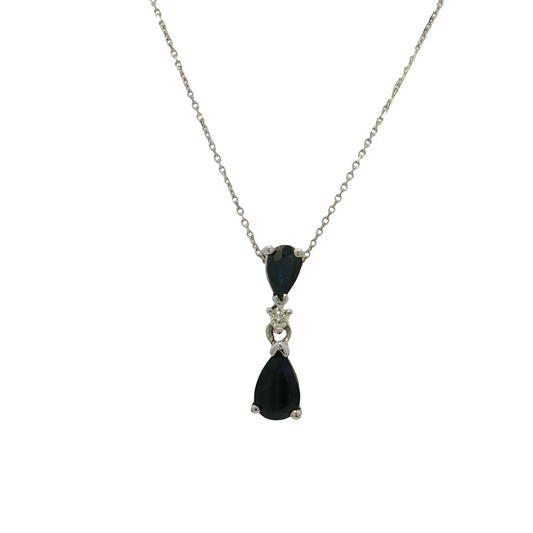 14K White Gold Sapphire and Diamond Drop Pendant Necklace