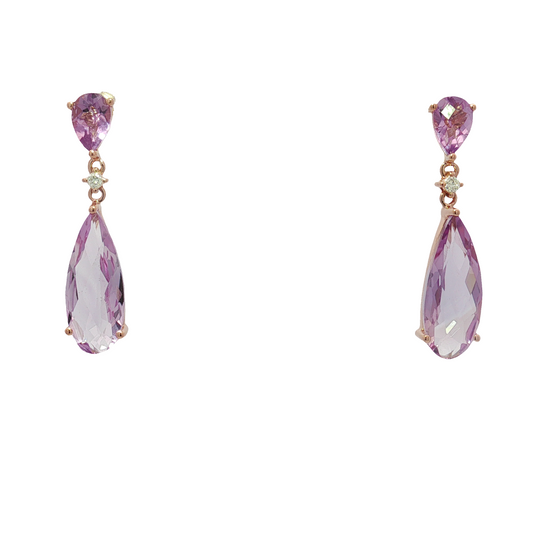 14K Rose Gold Amethyst and Diamond Drop Earrings