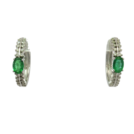 14K White Gold Emerald and Diamond Hoops