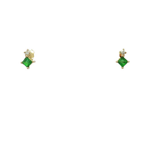 14K Yellow Gold Emerald and Diamond Stud Earrings