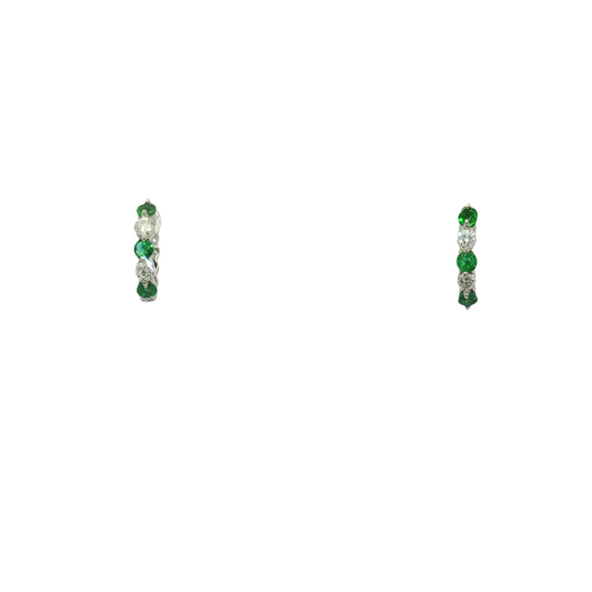 14K White Gold Emerald and Diamond Small Hoop Earrings