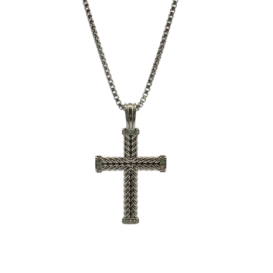 Kelly Waters-Rhodium Finsihed Sterling Silver Braided Cross with Cubic Zirconia