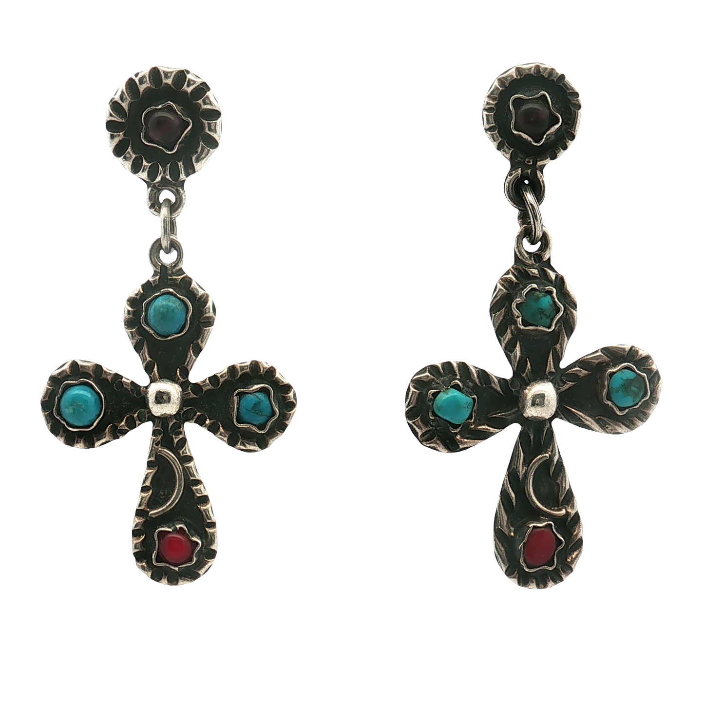 Estate - Sterling Silver Turqoise, Coral, and Amethyst Cross Dangle Earrings