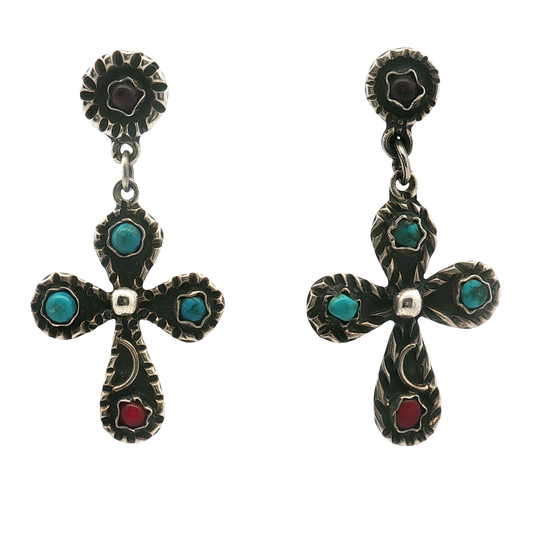 Estate - Sterling Silver Turqoise, Coral, and Amethyst Cross Dangle Earrings