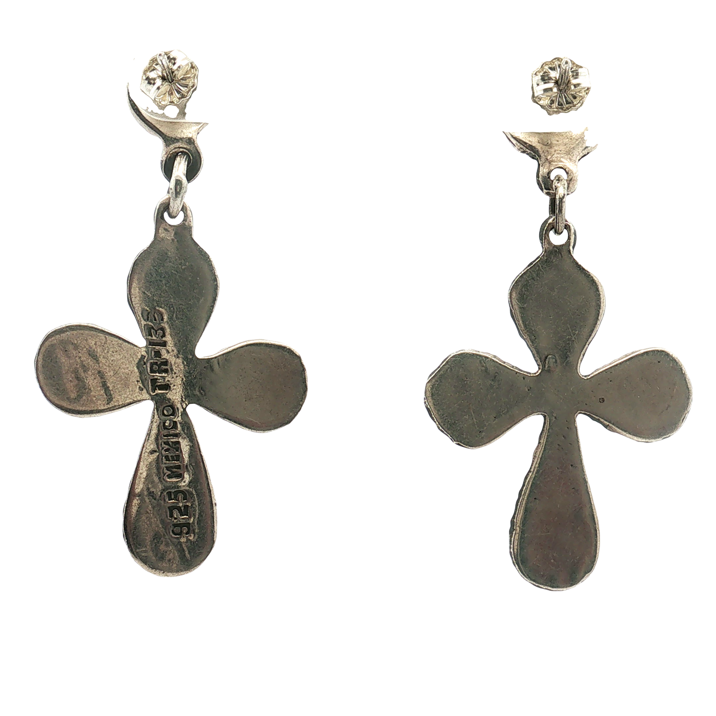 Estate - Sterling Silver Turqoise, Coral, and Amethyst Cross Dangle Earrings
