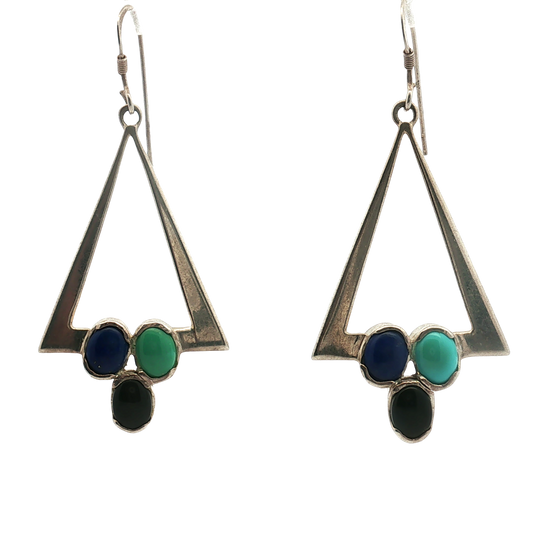 Estate - Sterling Silver Dangle Earrings Containing Turqoise, Lapis, and Onyx Stones