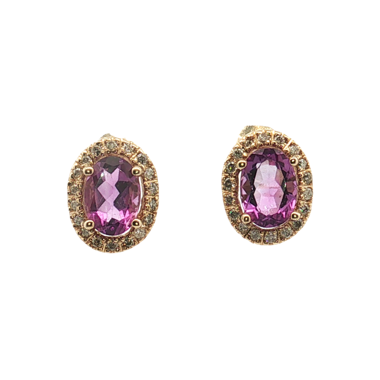 14K Yellow Gold Oval Amethyst with Diamond Halo Stud Earrings