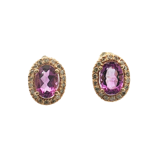 14K Yellow Gold Oval Amethyst with Diamond Halo Stud Earrings