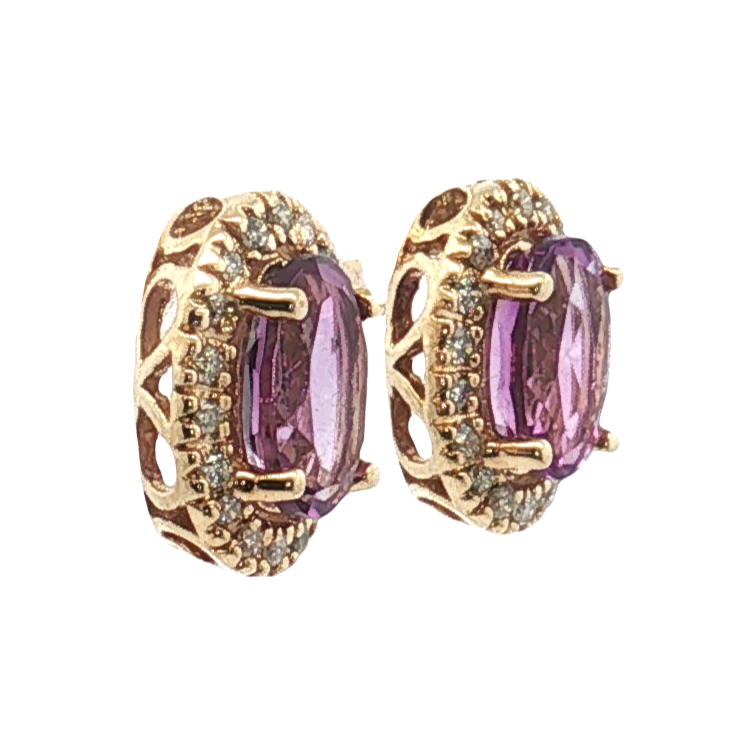14K Yellow Gold Oval Amethyst with Diamond Halo Stud Earrings