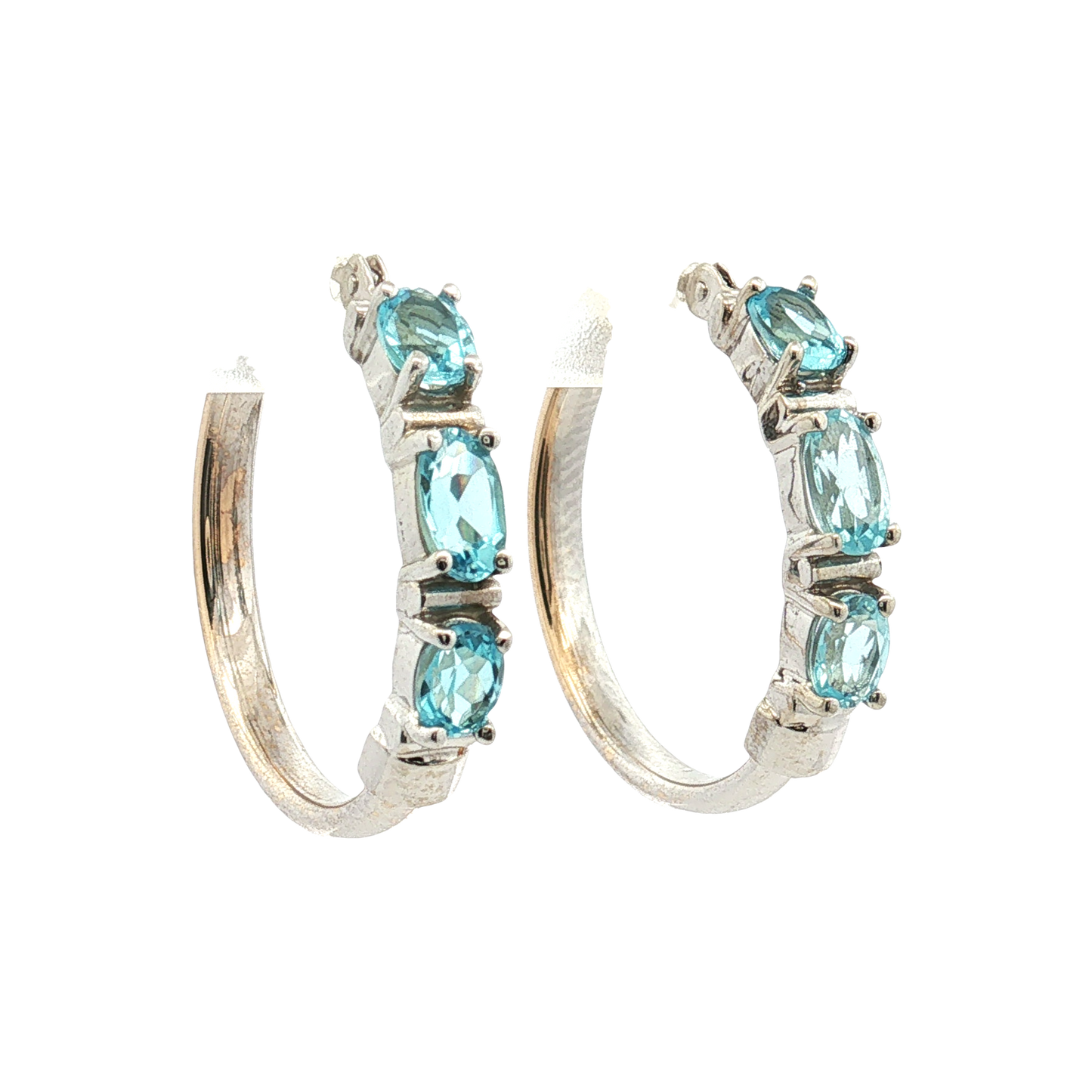14K White Gold Blue Topaz Hoop Earrings
