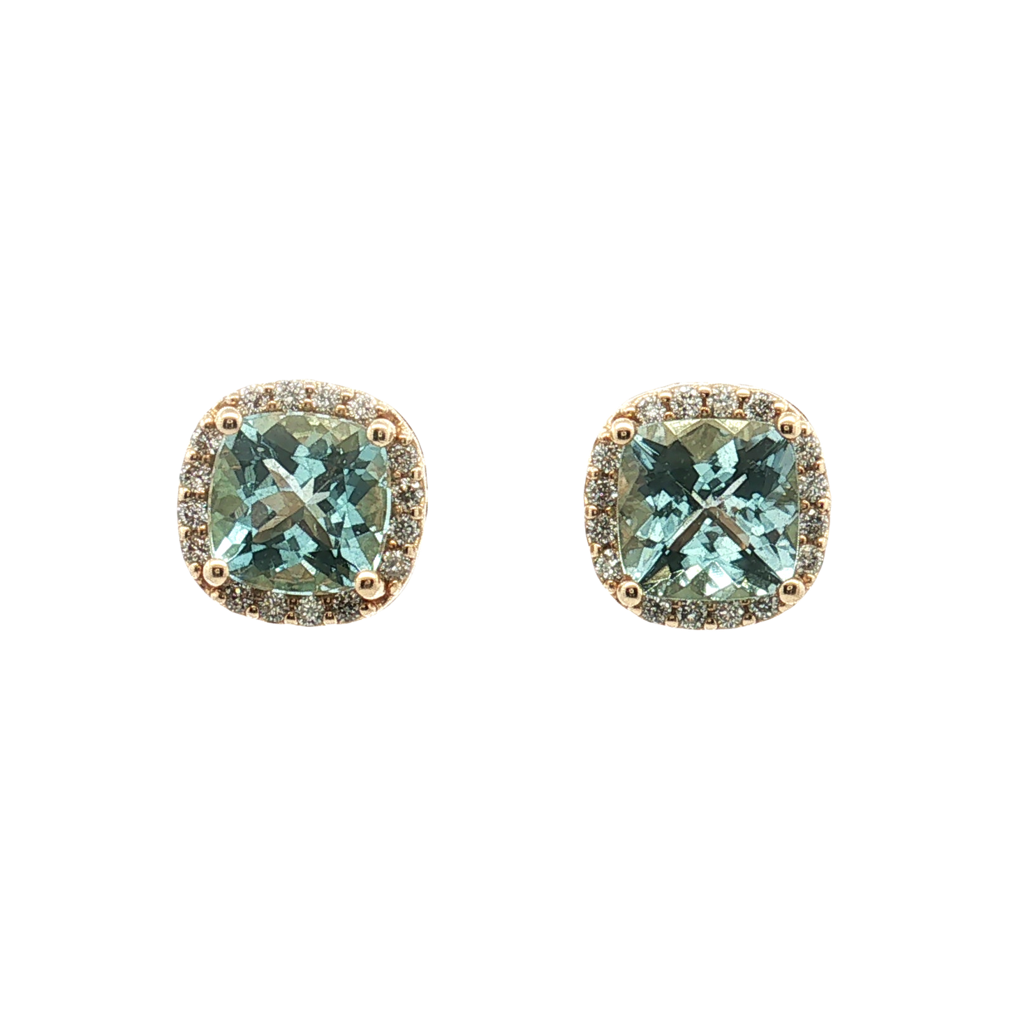 14K Yellow Gold Aquamarine with Diamond Halo Stud Earrings